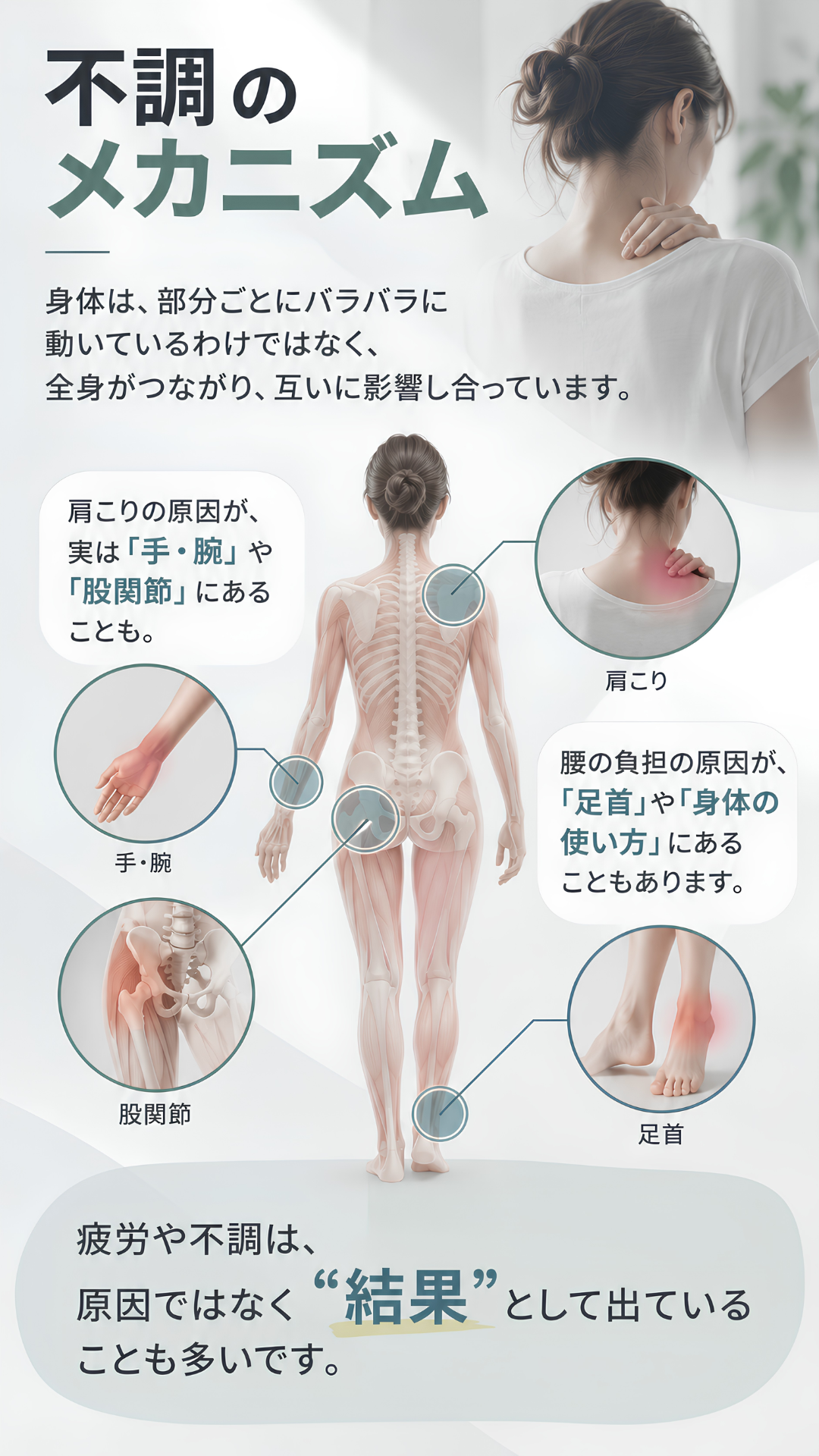 不調のメカニズム。身体は部分ごとにバラバラに動いているわけではなく、全身がつながり、互いに影響し合っています。肩こりの原因が実は手・腕や股関節にあることも。腰の負担の原因が足首や身体の使い方にあることもあります。疲労や不調は、原因ではなく結果として出ていることも多いです。