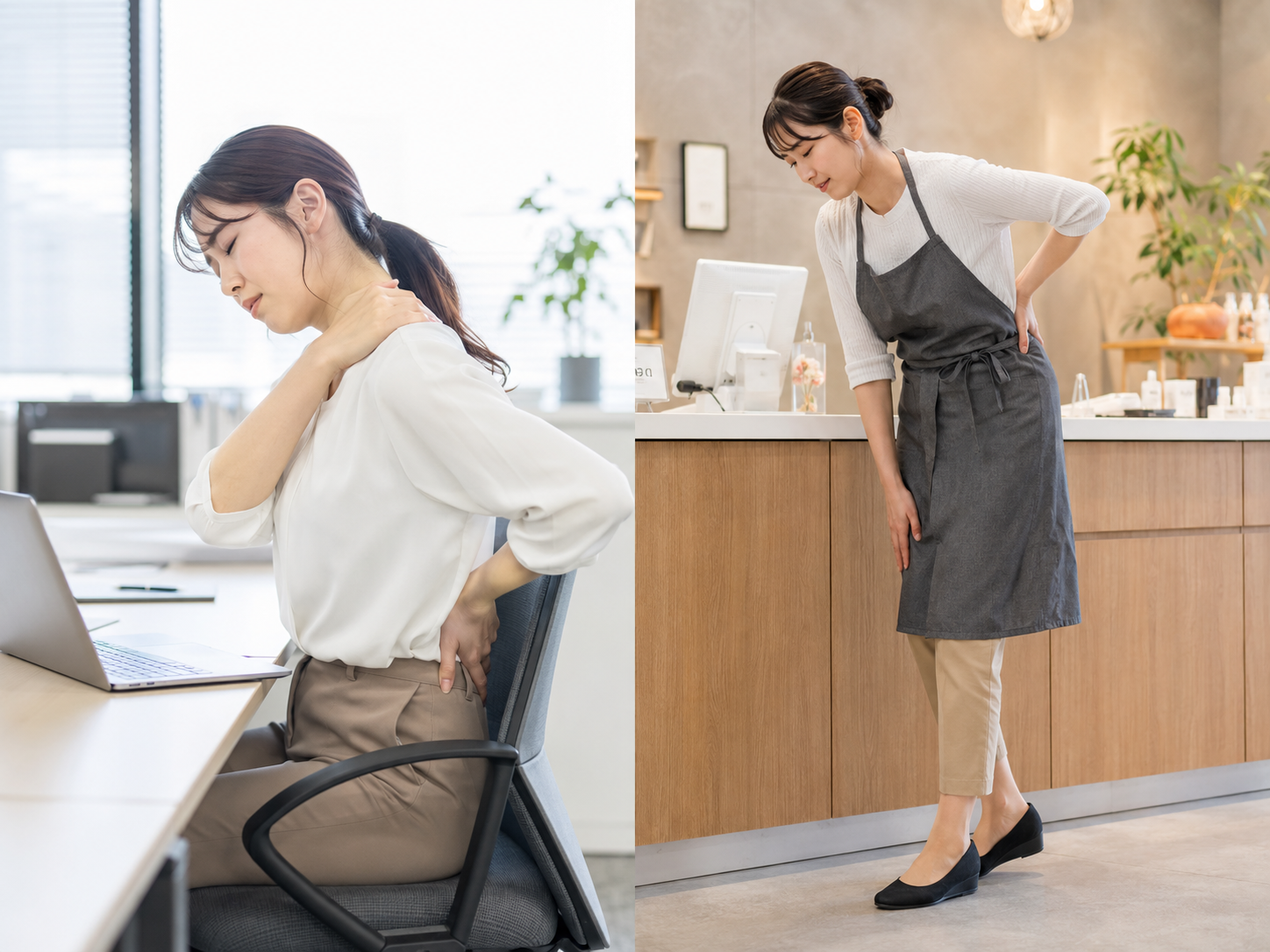 肩に手を当てる女性