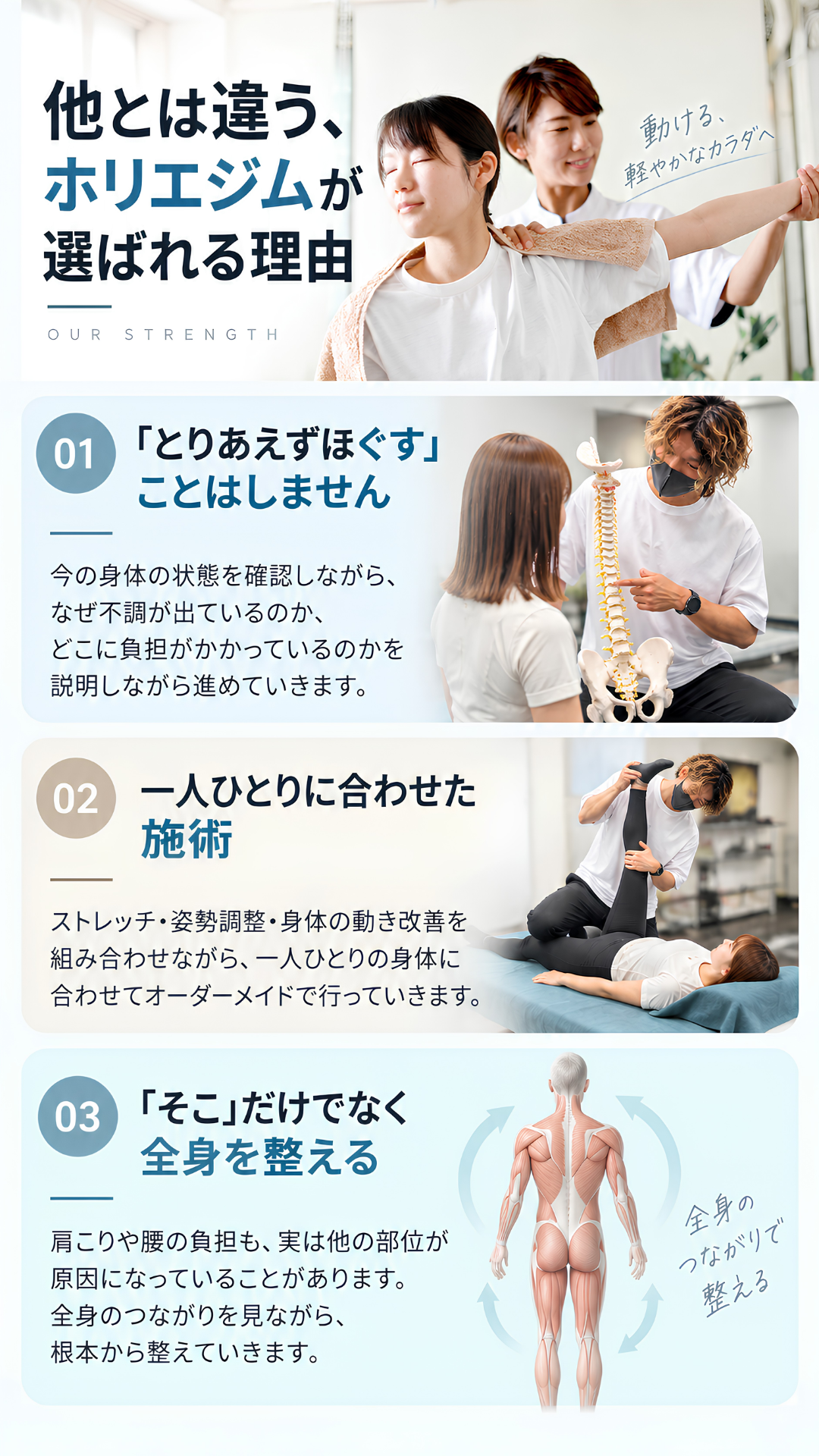 他とは違う、ホリエジムが選ばれる理由。01「とりあえずほぐす」ことはしません。今の身体の状態を確認しながら、なぜ不調が出ているのか、どこに負担がかかっているのかを説明しながら進めていきます。02 一人ひとりに合わせた施術。ストレッチ・姿勢調整・身体の動き改善を組み合わせながら、一人ひとりの身体に合わせてオーダーメイドで行っていきます。03「そこ」だけでなく全身を整える。肩こりや腰の負担も、実は他の部位が原因になっていることがあります。全身のつながりを見ながら、根本から整えていきます。